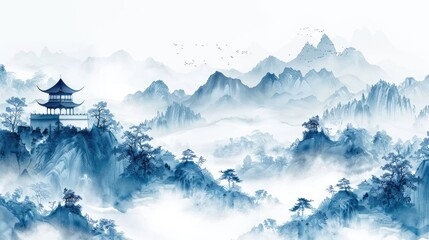 The minimalist design captures the elegance of ancient Chinese architecture against a backdrop of dark blue rocks and a blue mountain with smooth lines on a white background.