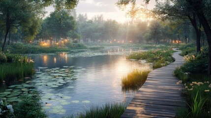 Canvas Print - Tranquil Woodland Pond Path