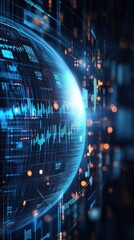 Poster - 3D loop of a rotating globe with financial data points and graphs mapped onto its surface, symbolizing global finance and economic trends, perfect for overlaying content