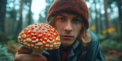 Close-up portrait of man holding red and white spotted amanita mushroom in forest, autumn foraging and nature exploration concept