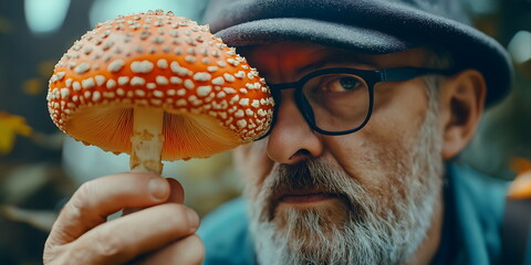 Curious mycologist examining vibrant fly agaric mushroom, close-up portrait of bearded man in cap and glasses studying wild toadstool