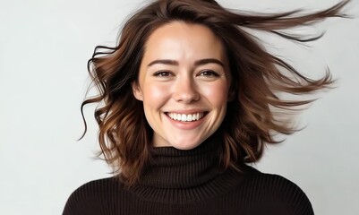 Wall Mural - Portrait of a smiling young woman in black sweater looking at camera