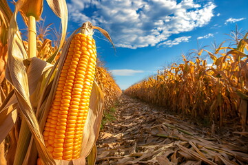 Golden corn cobs in a sunlit field with blue sky, autumn harvest and agricultural abundance