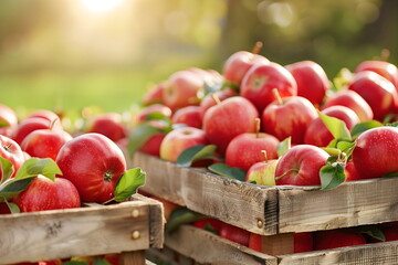 Fresh red apples in wooden crates, autumn harvest at orchard