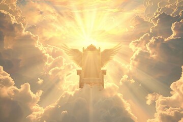 Wall Mural - Majestic golden throne of god in heaven in the sky surrounded  white clouds and divine sunlight. Second coming of Jesus Christ. Biblical scene. Christian religion concept