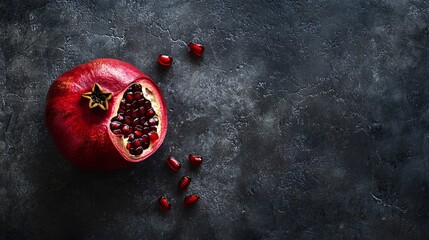 Wall Mural - A single, perfectly sliced pomegranate, revealing its ruby-red seeds, placed on a dark charcoal concrete surface, with a few scattered seeds adding a touch of elegance