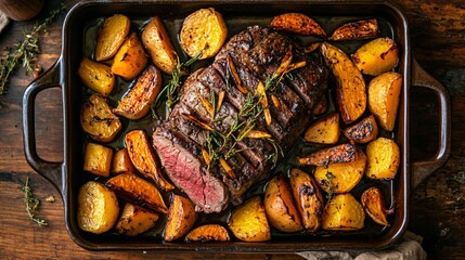 Wall Mural - A cozy autumnal dinner featuring dark brown roasted venison with a golden crust, surrounded by roasted root vegetables in warm orange and yellow tones