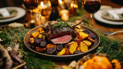 Wall Mural - A cozy autumnal dinner featuring dark brown roasted venison with a golden crust, surrounded by roasted root vegetables in warm orange and yellow tones