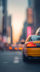 A yellow taxi drives through a blurred urban landscape at dusk, with vibrant city lights creating a lively atmosphere