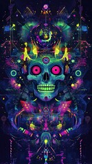 Wall Mural - A skull with glowing eyes and a mouth is surrounded by a colorful