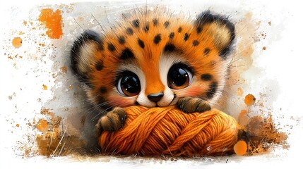 Wall Mural -   A painting of a baby cheetah cub holding a ball of yarn in front of its face