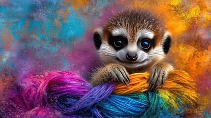 Canvas Print -   A close-up photo of a ball of yarn with a tiny meerkat sitting on it