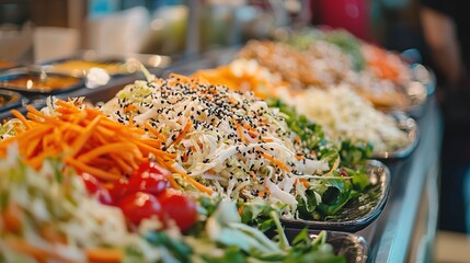 Sticker -   A row of filled trays with diverse salads on metal trays