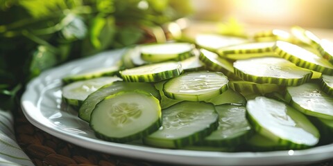 Poster - Cubed cucumber slices for salad on a white plate