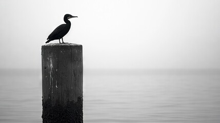 Poster -  Bird perched on wooden post near water