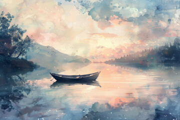 A boat is floating on a calm lake at sunset, watercolor painting.