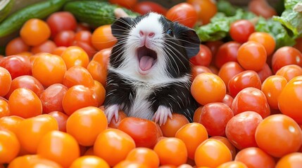 Wall Mural -   A hamster sat in a tomato-cucumber pile with its mouth open