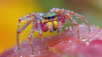 Wall Mural -   A macro shot capturing a spider perched on a flower with dewdrops dripping from its legs