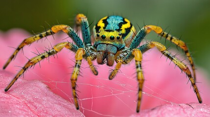 Sticker -   A detailed image of a spider with blue and yellow body on a pink flower, surrounded by droplets of water on its legs