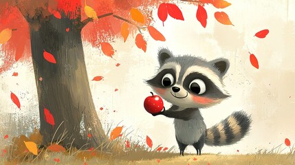 Wall Mural -   Raccoon holds apple in front of autumnal tree