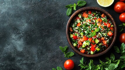 Sticker -   A bowl of mixed greens featuring juicy cherry tomatoes, crunchy cucumber slices, and refreshing mint leaves is artfully arranged on a black background, accompanied by