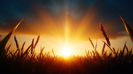   Sun rays pierce cloudy sky, illuminating tall field of grass with prominent stalks in foreground