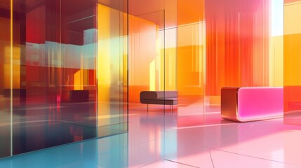 Wall Mural - A Modern Interior with Colorful Glass Walls and a Pink Bench