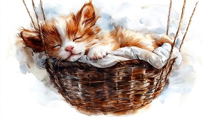 Wall Mural -   Watercolor portraiture of a kitten peacefully slumbering in a wicker enclosure, head leaning against the weave