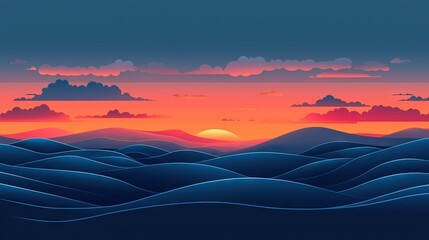 Poster -   A painting of a sunset with clouds and mountains in the foreground and the sun rising over the horizon in the distance