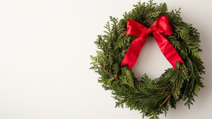 Wall Mural - Minimalist christmas wreath with evergreen branches and red bow on white background