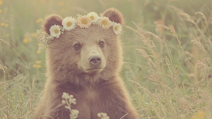 Wall Mural -   Brown bear with flower crown in tall grass field