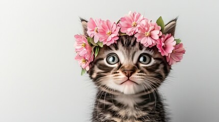   A kitten wearing a flower crown and surprised expression on its face