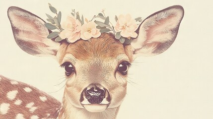 Wall Mural -   A deer with a flower crown on its head and flowers in its antlers