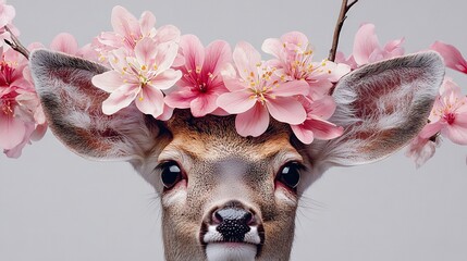 Poster -   A clear photo of a deer with a bouquet of flowers on its antlers