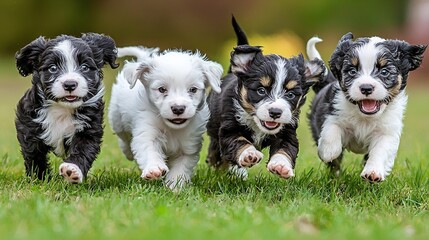 Poster -   Four puppies in a field, paws up, mouths open