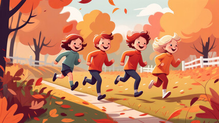 Cute cartoon of kids running and playing in sunlit park with autumn leaves or autumn garden, autumn time, joyful mood.