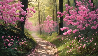 Wall Mural - On the path under the pink cherry tree, the sun shines through the treetops on the sea of flowers, a romantic and beautiful natural landscape.