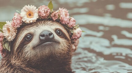 Wall Mural -   A close-up photo of a sloth wearing a floral crown and swimming in water