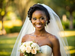 Beautiful happy African American bride in a wedding dress with a bouquet in her hands on nature