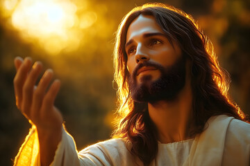 ethereal portrait of jesus with outstretched hand soft focus creates halo effect warm golden light symbolizes divine presence compassionate expression conveys hope and love