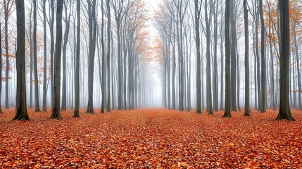 Sticker -   A dense forest, enveloped by fog, stands tall with an abundance of trees and a carpet of vibrant red and orange foliage on the forest floor