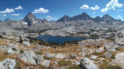 Canvas Print -   A mountain range with a lake in the foreground and clouds in the sky