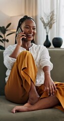 Poster - Woman, cellphone and call talking or happy connection, communication or laughing chat. Black person, mobile and home conversation for online dating for planning or social news, networking or joke