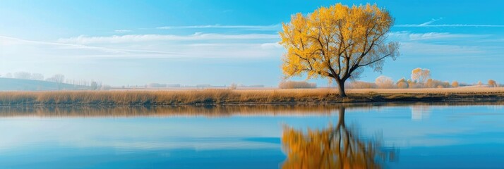 Poster - Vibrant natural scenery featuring a yellow-leaved tree beside a lake, with its trunk mirrored in the water beneath a clear blue sky.