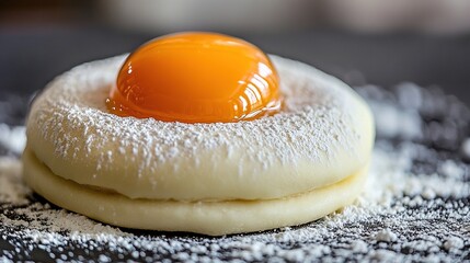 Poster -   Close-up photo of pastry containing egg on monochrome tablecloth