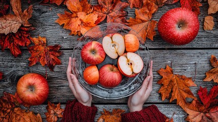 Poster -   A person holds an apple-filled bowl atop a wooden table amidst falling autumn foliage