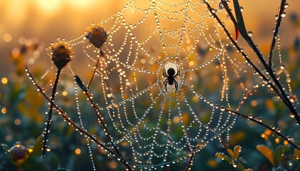 Wall Mural - Morning dewdrops twinkle on the spider web, and the background presents soft light, showing the beauty of nature.