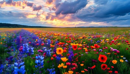 Wall Mural - The colorful sea of flowers presents a gorgeous scene under the sunshine, dotted with clouds and set off by the blue sky.