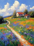 The subject of this oil painting is a rural landscape depicting a colorful flower field with a winding path