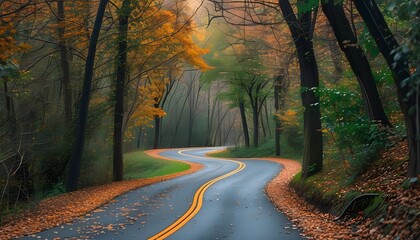 Wall Mural - The winding road in autumn is surrounded by colorful leaves, showing tranquility and beauty.